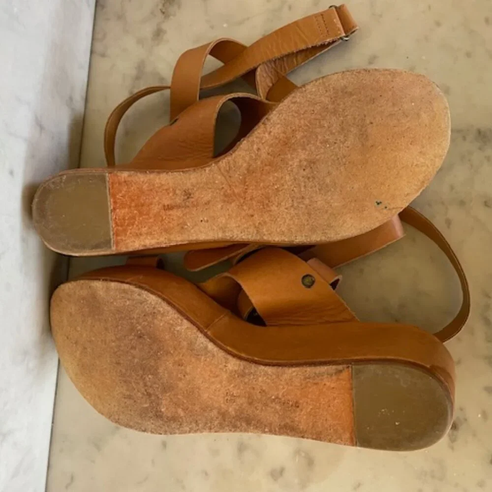 COCLICO Leather Platform Sandals Ankle Leg Wrap Tan Vintage 37